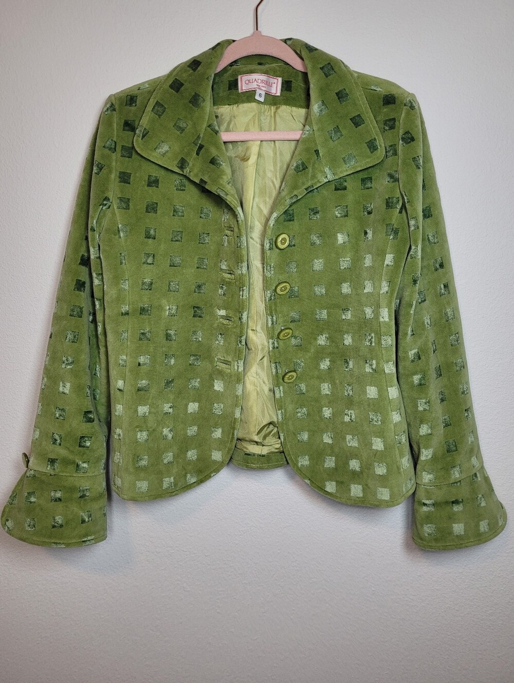 Quadrille NY Velvet Jacket 6 Green Geometric Burnout Blazer Y2K Vintage Retro